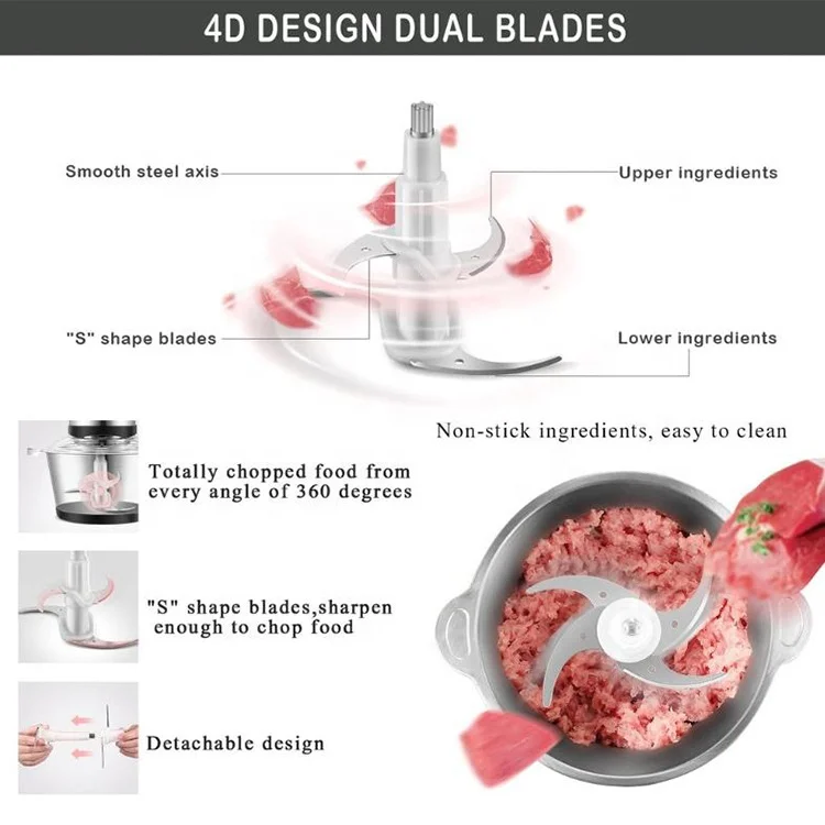 Factory Manufacturer 3L Food Grinder Glass Bowl Meat Chopper Automatic Electric Meat Mixer