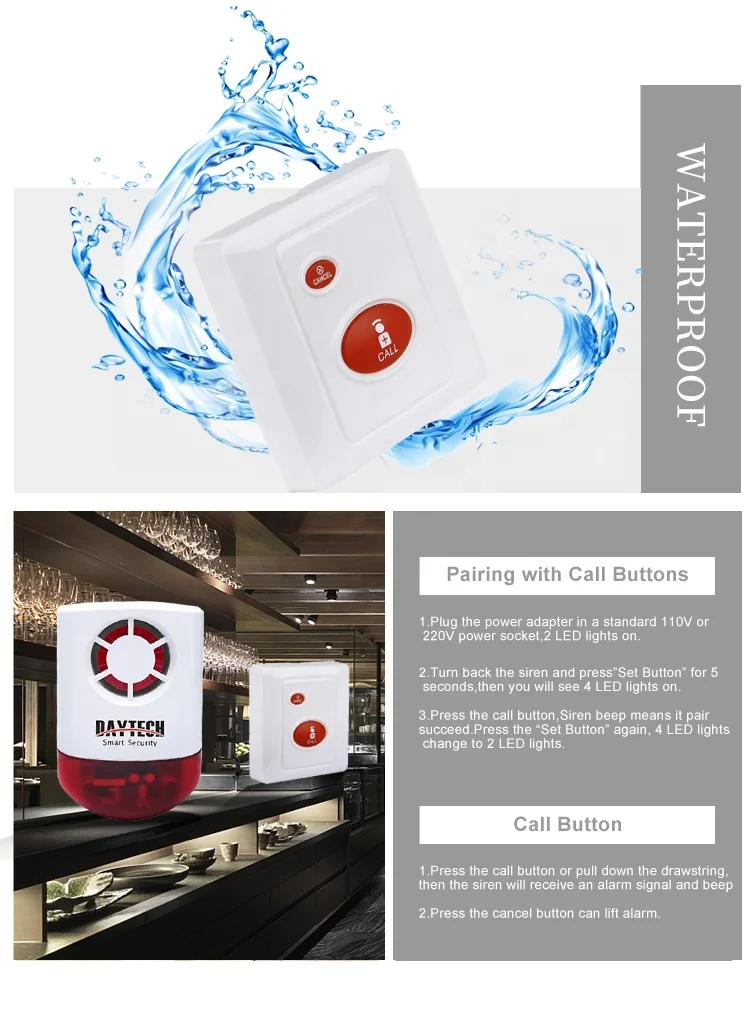 Daytech JH003 1-1 Waterproof Call Button Wireless SOS Emergency Alarm For Elderly Personal Attention 433Mhz