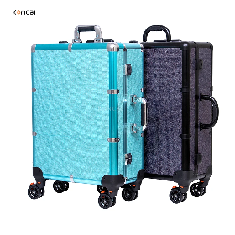 KONCAI Aluminum Make-up Case Artist Professional Rolling Trolley Beauty Makeup Cosmetic Case with Mirror Light