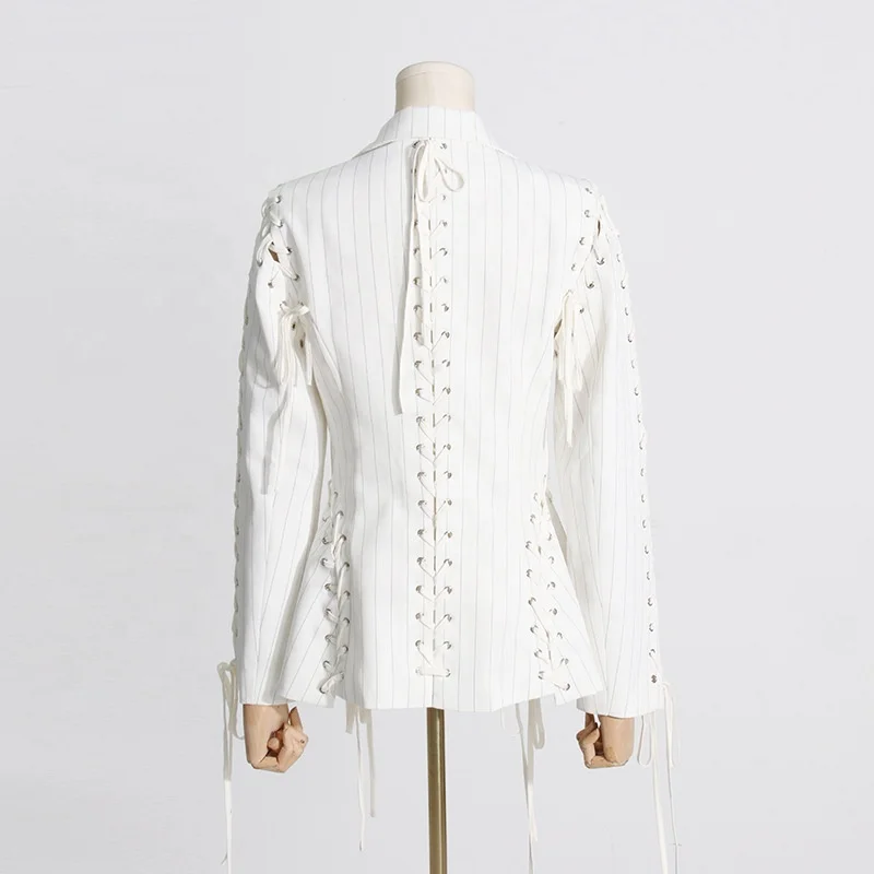 OUDINA New Fashionable Ladies Suit Jacket Lace-up Design Waist Striped Slimming Women Blazer