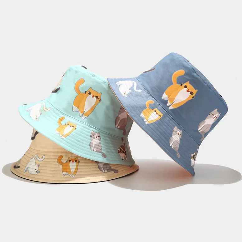 Japanese lovely cat print bucket hat summer outdoor students double-sided fishman hat
