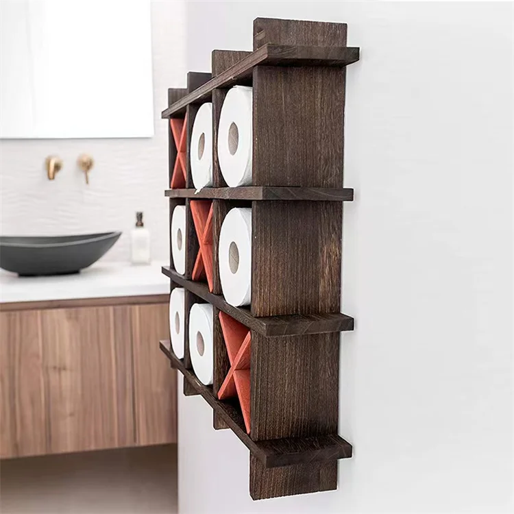 Rustic Wooden Toilet Paper Holder Tic Tac Toe Design for Wall Mounted or Freestanding Bathroom Tissue Roll Storage Organizer