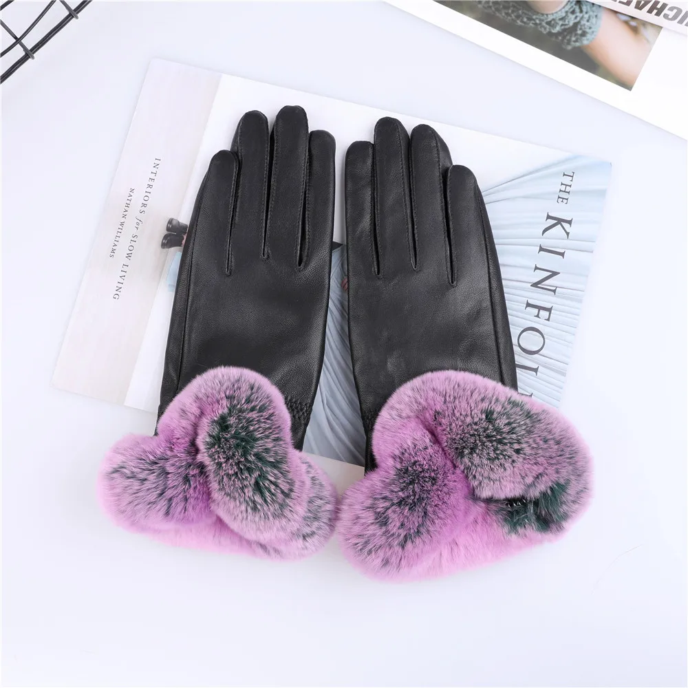 Женские перчатки из натуральной овечьей кожи, осенне зимние теплые манжеты с отделкой мехом кролика Рекс, рукавицы, 2021 (1600255263806)