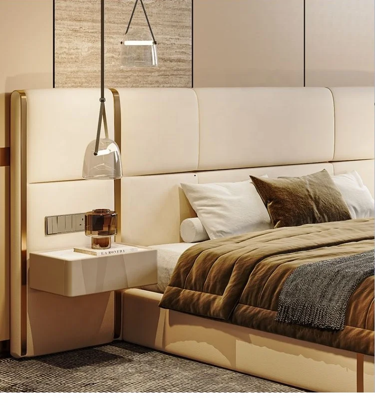 High End Luxury Genuine Leather Bed Set Stainless Steel Upholstered Double Bed Soft Deluxe King Size Leather Soft Bed Frame