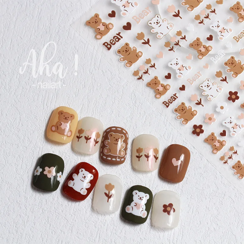Aha 026-034  Ins Hot Cartoon  Bear Nail Art Stickers Smile Sunflower Nail Decals Decoration