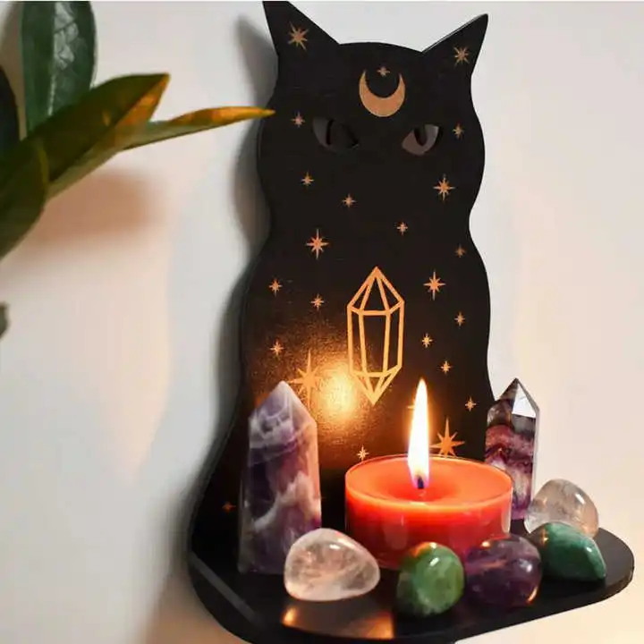 Wall Decorative Shelving Ornaments Holder Moon phase and Cat Shape Decor Crystal Display Shelf Altar Witch Pendulum Stand