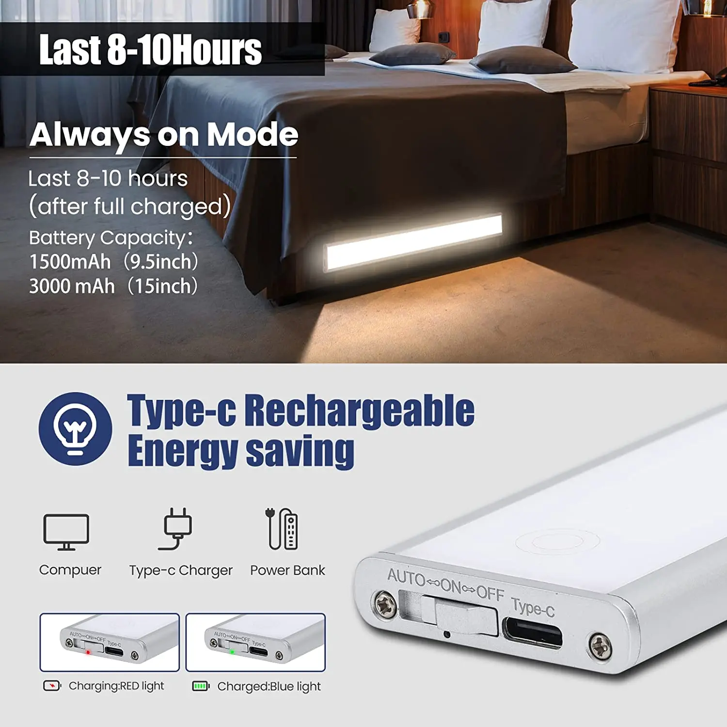 Hot Sale 2.3W 205LM Dimmable Auto Motion Sensor LED Night Lamp USB 15inch Touch Control Light Bar Under Counter Cabinet light