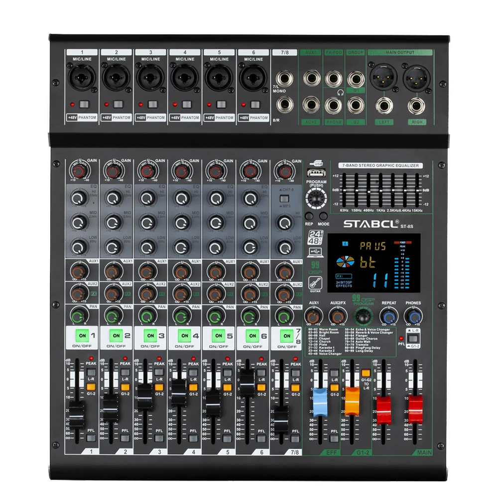 ST-8S Professional 8-Channel Audio Mixer 99 Mixed Effects Bluetooth Balanced for Club Stage Performance