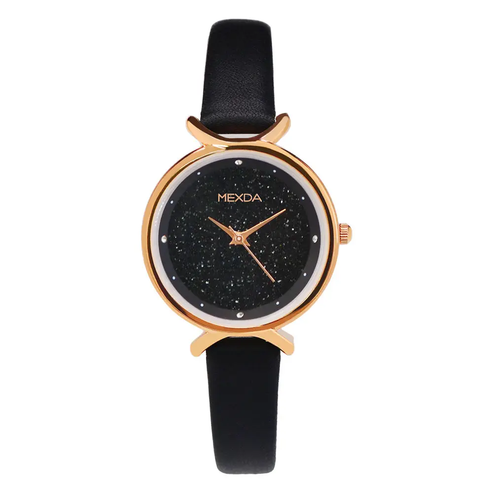 mexda brand custom logo stainless steel rose gold case leather band sky star dial vintage lady modern design diamond watch