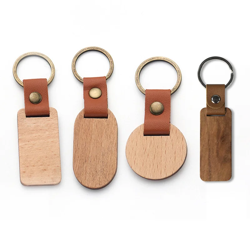 Custom Unfinished Wholesale Pendant Keychain Blank Beech Wooden Rectangle Heart Square Round Oval Plain Folk Art Wooden Keyring