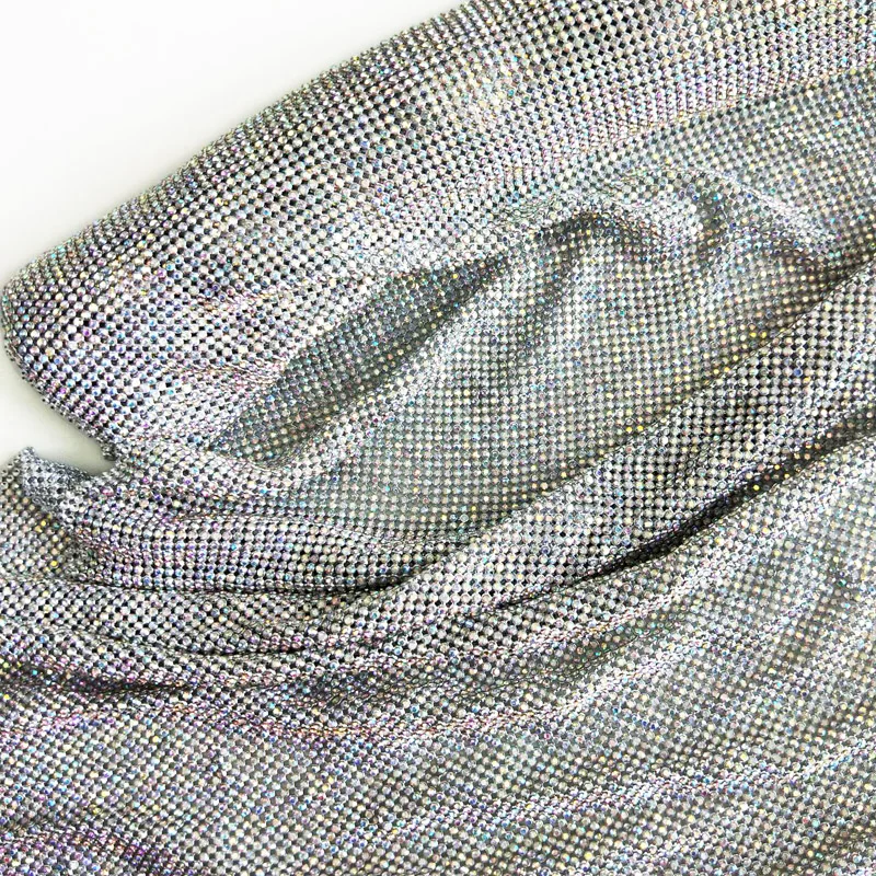 2MM Fashion Sparkling Silver Aluminum Metal Rhinestone Sheet Crystal Mesh Fabric For Garment Bags DIY
