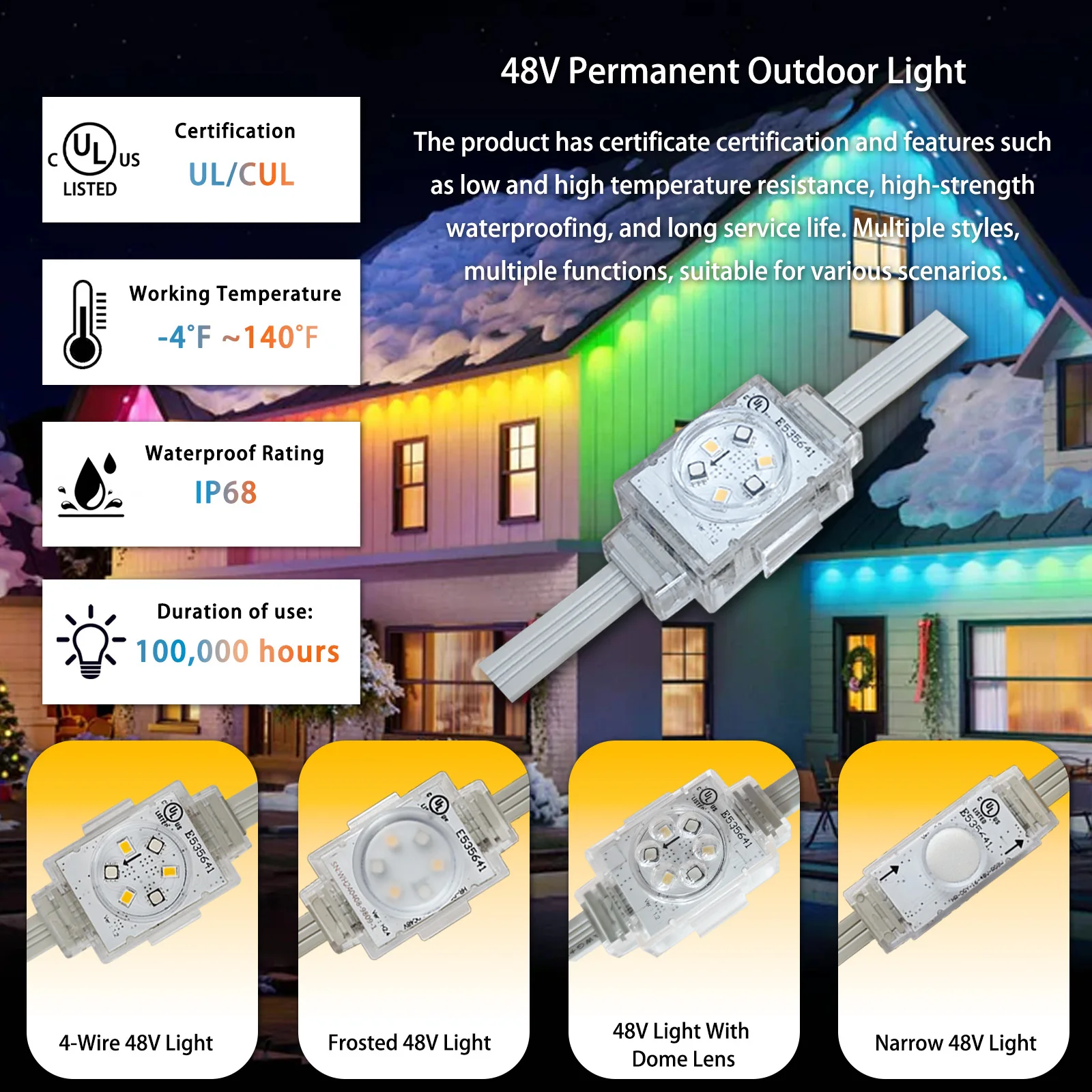 HRSYT Christmas Decorations Factory Directly Sale 100FT DC48V Rgbw Led Permanent Outdoor Hotel Point Outdoor Led Eaves Lights
