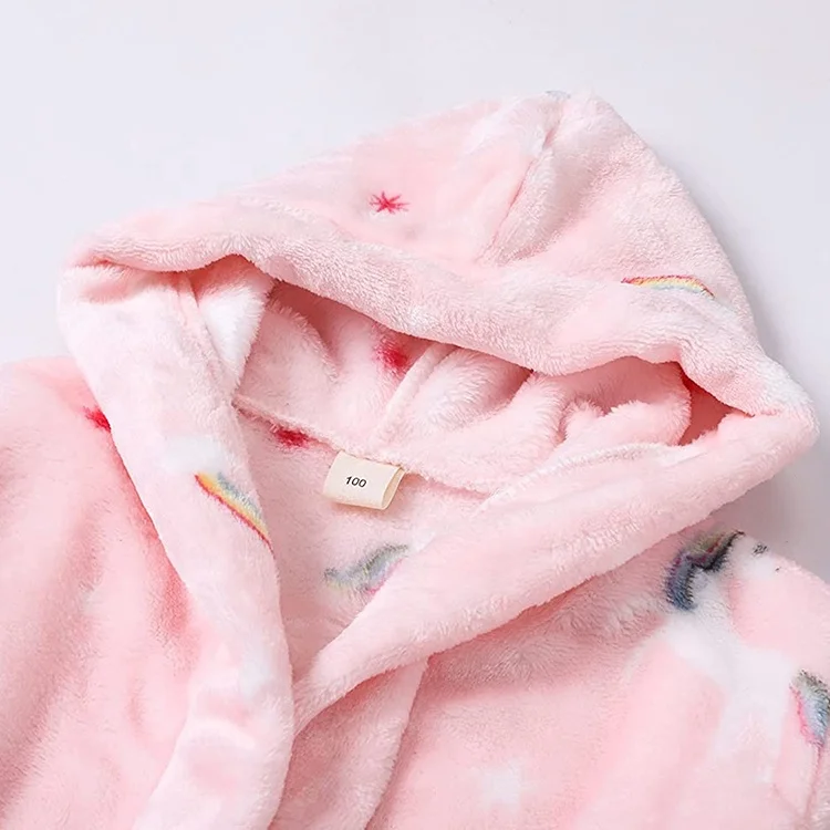 Custom pink print hooded fuzzy flannel kids bathrobes with belt and pockets children bathrobe for gift