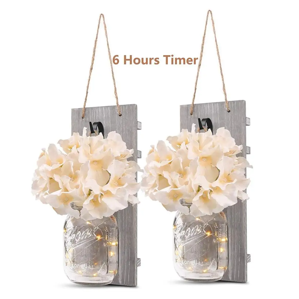 Wholesale Rustic Wall Decor Sconces Mason Jars Sconce with Lights Silk Hydrangea and LED Strip Lights