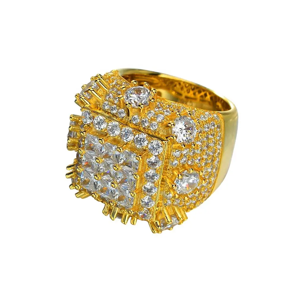 Hip Hop micro pave iced out baguette stone brass gold plated designs ring for men