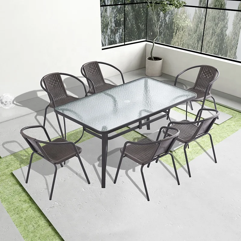 Langfang Furniture Glass Coffee Table Set for Dinning Garden Table and Chairs Rattan