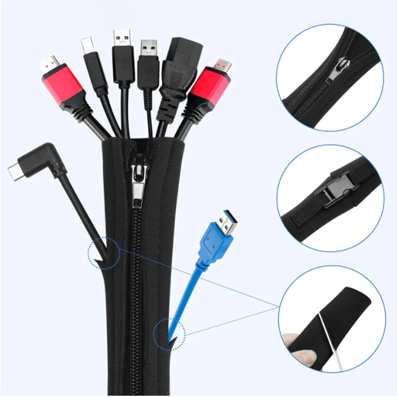 4pcs of flexible Manager Sleeve with Zipper 10 Cable Ties Organizer for TV Computer Home USB Finishing PC Cable Management