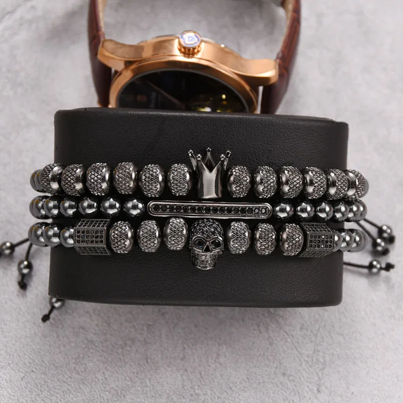 Hot Selling Wrist Hand Jewelry 3Pcs/Set Luxury Punk Skull Stainless Steel Royal Crown Braiding Bracelet Set Pulsera