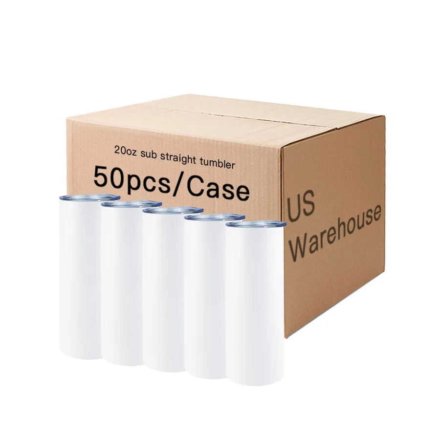 US warehouse 20oz Double Wall Stainless Steel Straight Skinny water bottle Sublimation Blanks Tumbler with plastic Lid and Straw