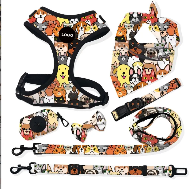 Hot Seller High Quality Custom adjustable collar bow leash harness and bandana sets