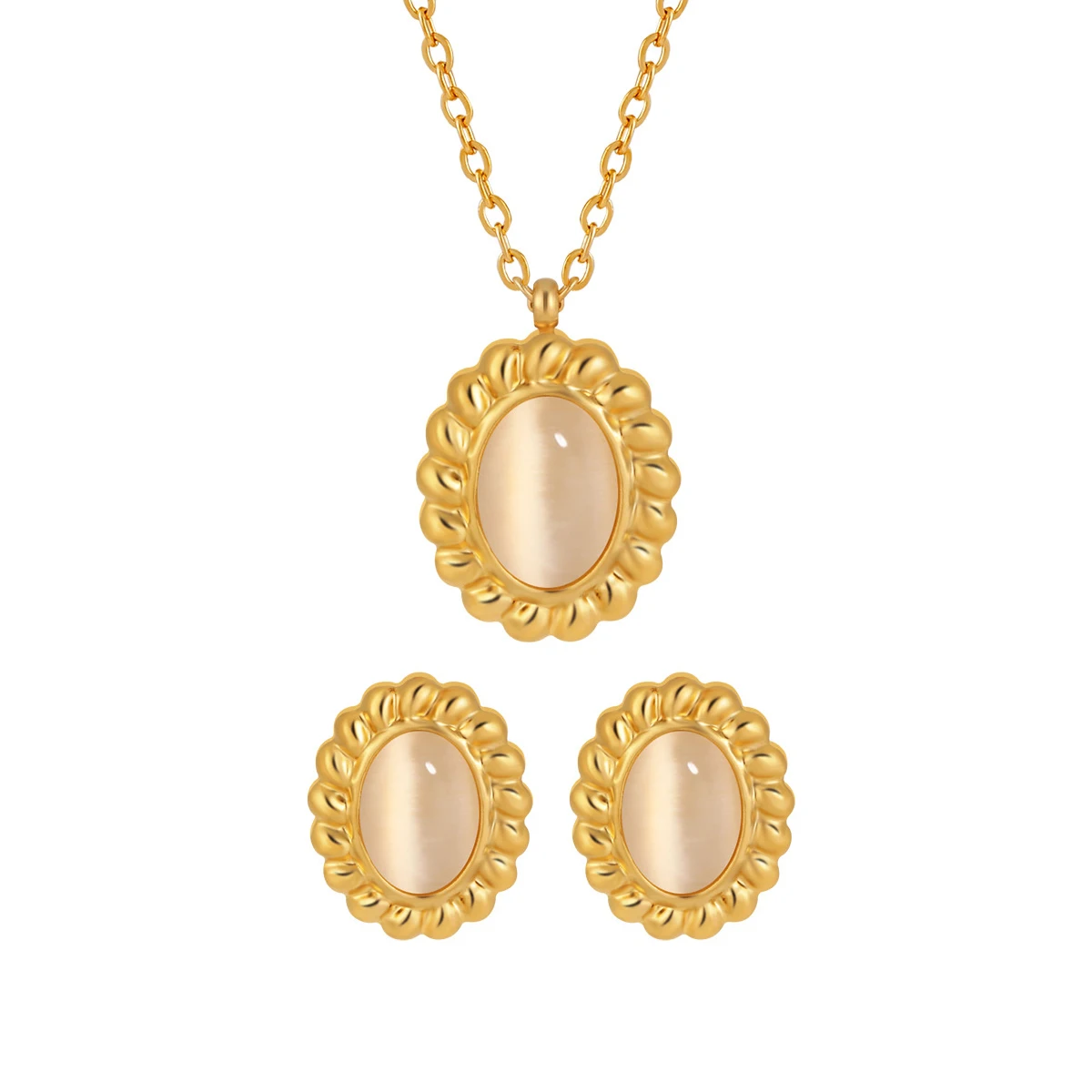 New pattern Retro court style oval cat eye stone necklace earrings 18k gold-plated stainless steel fashion jewelry jewelry sets
