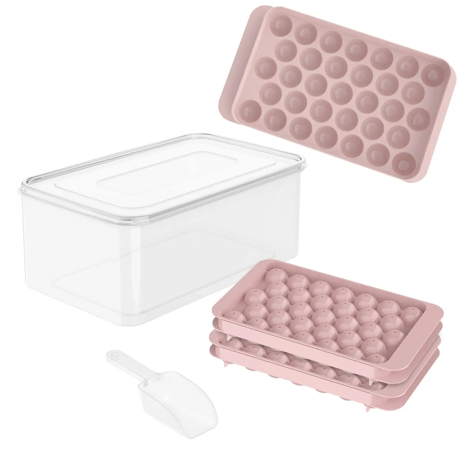Wholesale Hot Seller BPA Free Plastic Mini Round Ice Ball Maker Mold Ice Cube Tray With Lid and Bin Ice Scoop