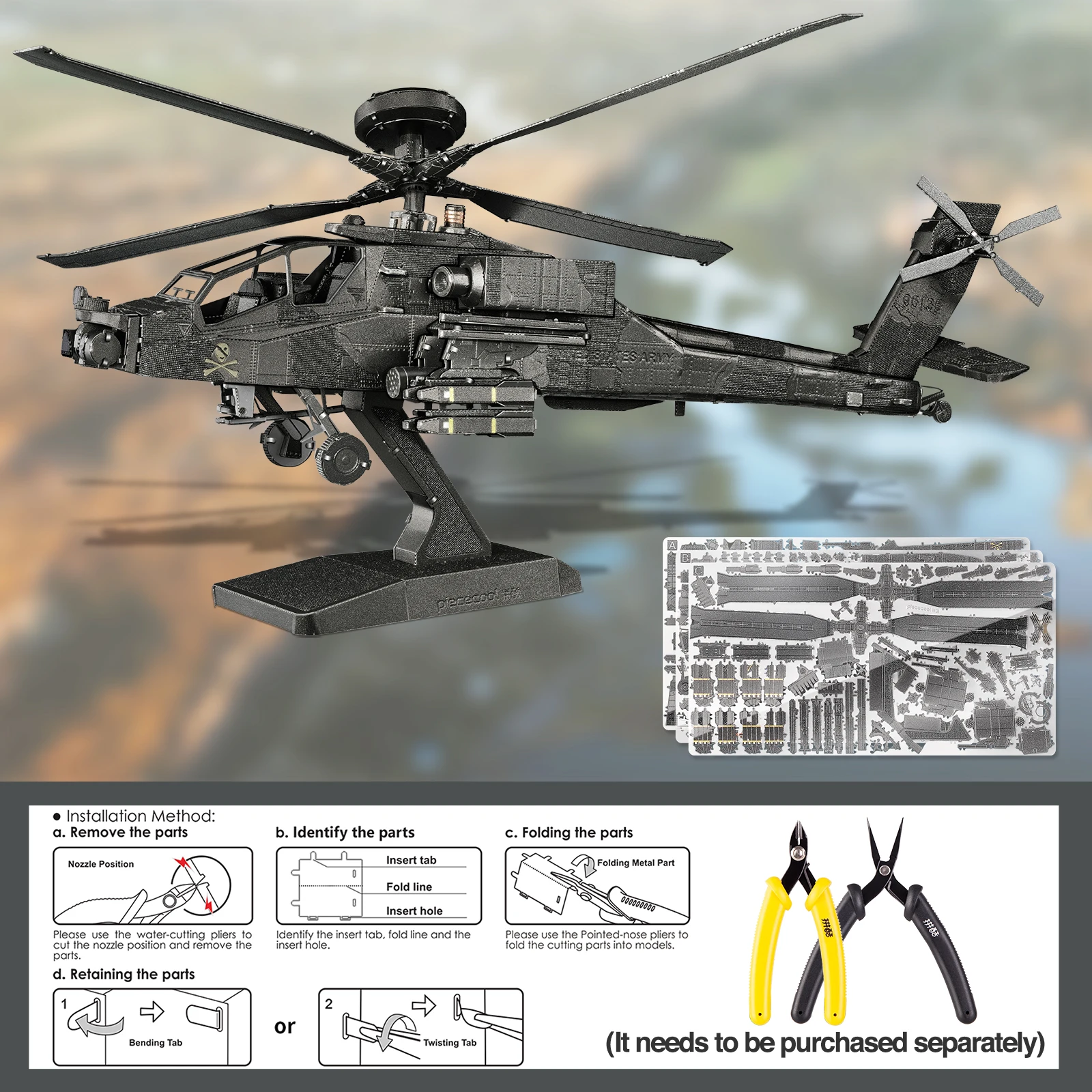 Piececool Great Birthday Gifts Apache Military Airplane Models Kits  DIY Brain Teaser Puzzles 3D Metal Puzzle for Hobbies Toys
