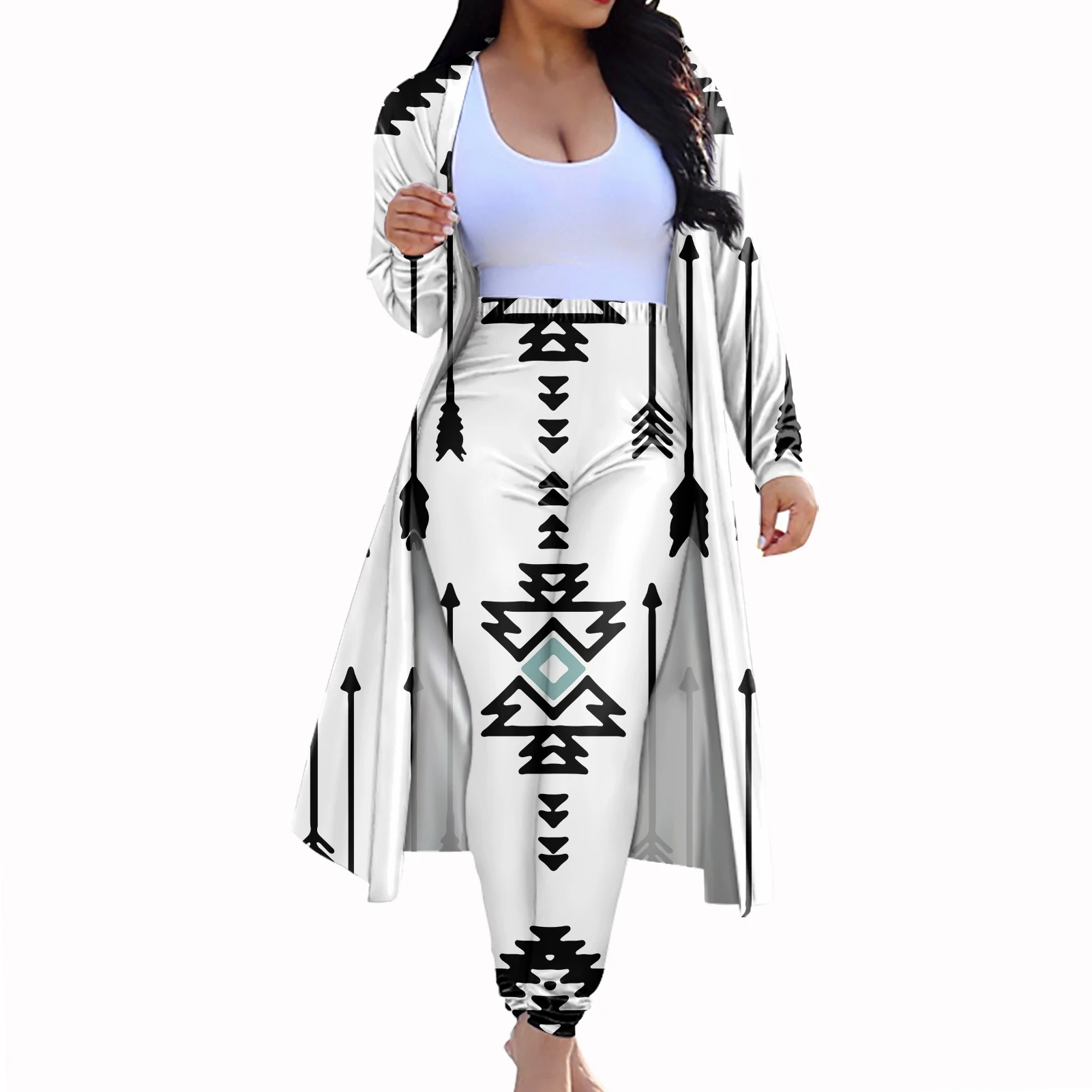Hot Sell Black White HD Print Mexico Aztec Geometry Couple Clothes 2 pcs Set Custom Women Cloak Trousers Suit Cardigan Kimono
