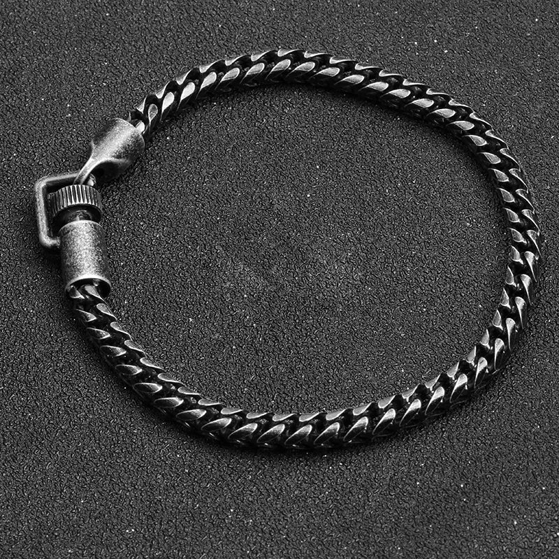 Vintage Punk Custom Length Black Stainless Steel Cowboy Curb Chain Bracelet with Special Buckle for Men