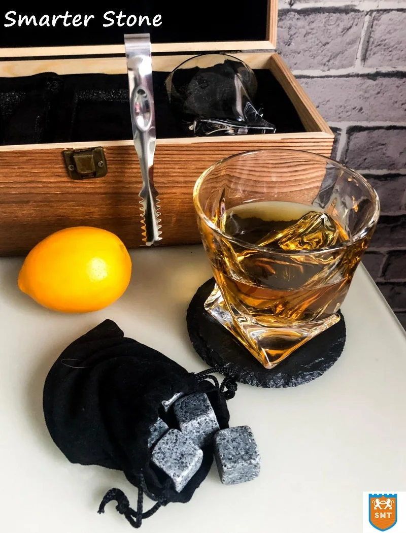 Whisky Stone Gift Set Granite Chilling Whisky Rocks with  Whisky Ice Stones Ice Cubes custom wooden box