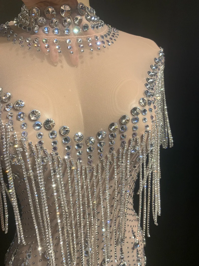 Luxury Evening Dresses party Women Sexy Custom Crystal Stone Tassel Dress See Through Mesh Dance Costumes With Diamond Chain