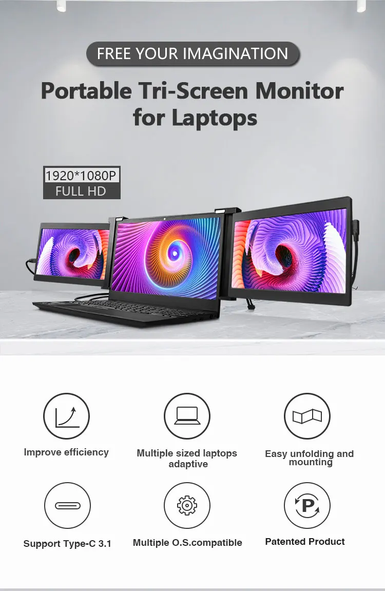 Dual screen for Laptop Tri Screen Compatible with Macbook laptop and Chrome Powered by USB C