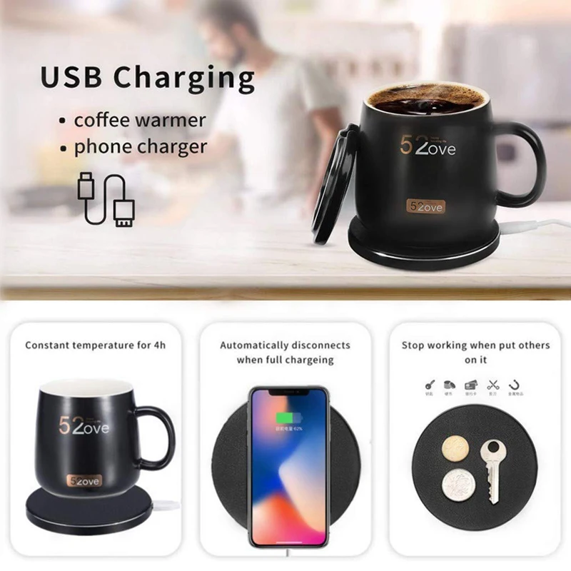 
2 in 1 Heating Warm Cup With Wireless Charger Coffee Mug Warmer for Home Office Use Constant Temperature 