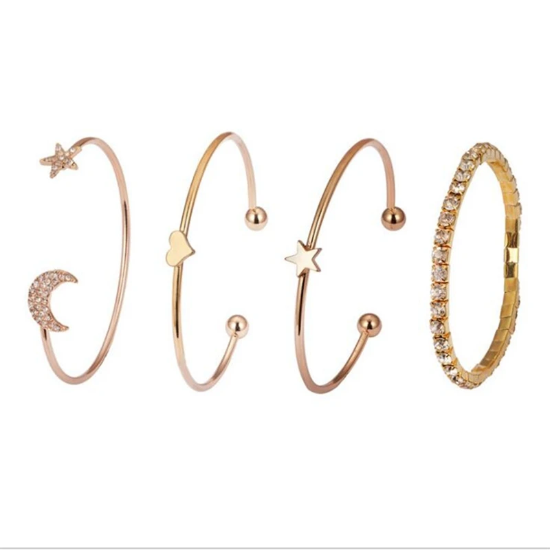 
Newest 4PCS/Set Fashion Cuff Bracelet Bangles Sets for Women Crystal Star Moon Heart Charm Ladies Bracelet Bangle Jewelry Set 