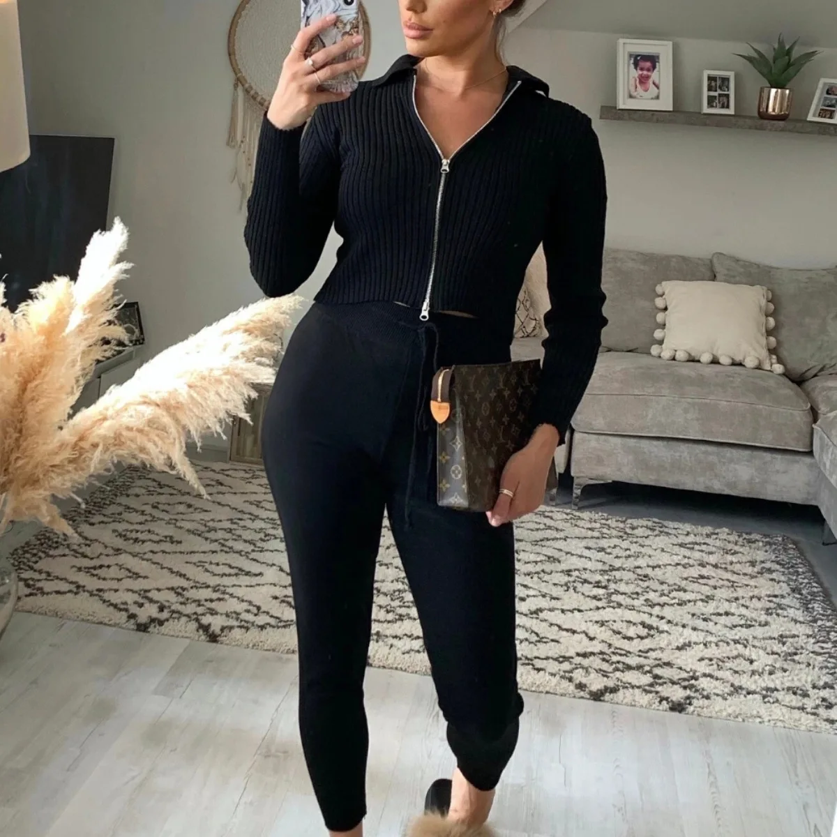 
Knit Loungewear High Quality Ladies Custom Comfy Ribbed Knitted Zipper Top Pants Set Loungewear Knit 2 Piece Set Womens Sweater 