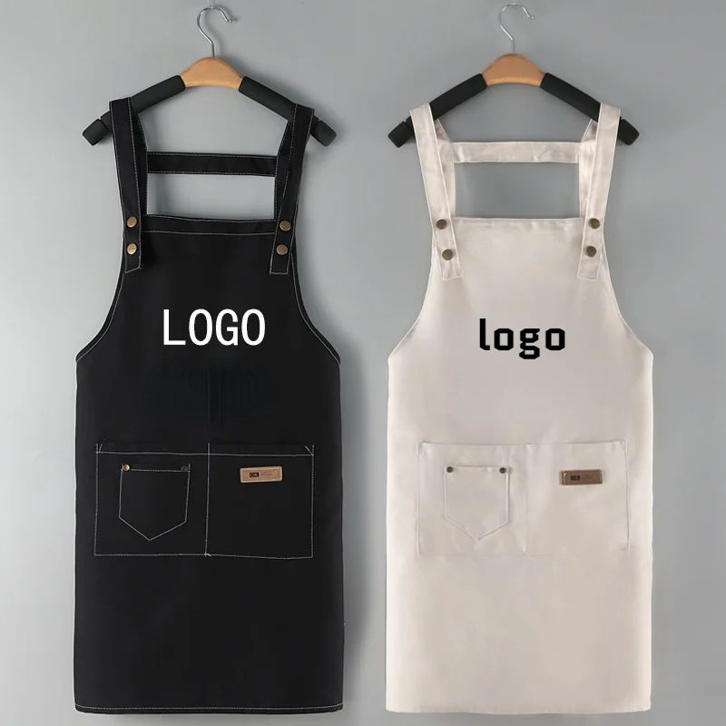 White Black Plain Cotton Canvas Kitchen Cleaning Cooking Apron with Customized Logo Printing