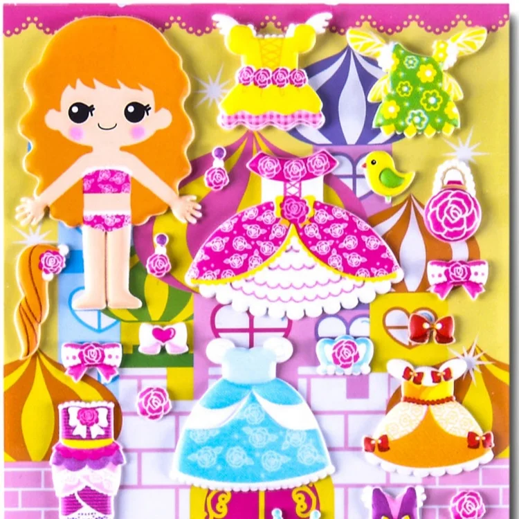 Wholesale Custom Cute Kids Cartoon Characters Dress Up Self Adhesive 3D Girl Puffy Stickers