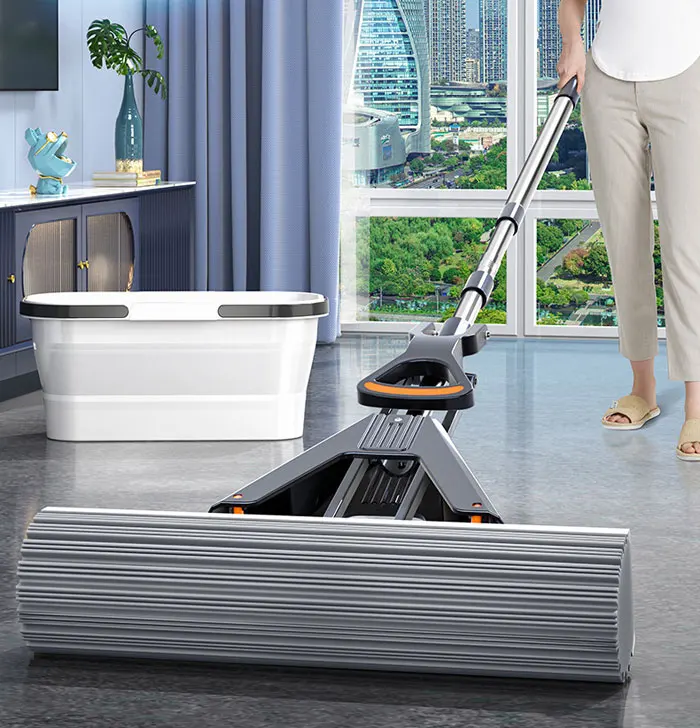 Dual-Use Self-Wringing Mop Dry Wet Cleaning Steel Pole Flat Handle Hand-Free Double-Folded Rubber Cotton Sponge Mop Set Box