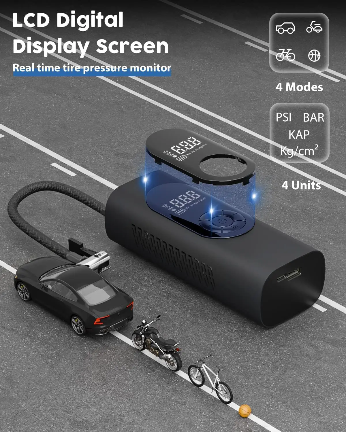 Tire Inflator Portable Air Compressor Pump with LCD Dual Screen and Emergency Light for Cars E-Bikes Motorcycles