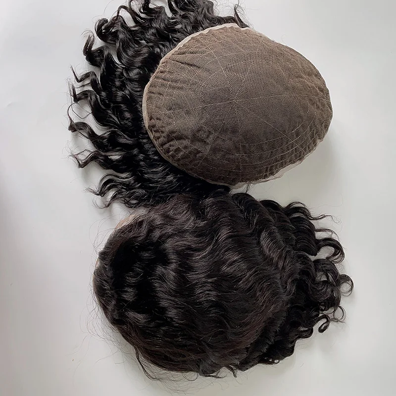 Customized real Remy Human Hair 110% density 1b 8x10 14 inch curly full hand made lace base Replacement System toupee for men