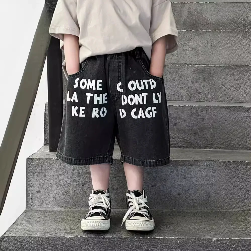 Korean Fashion Summer Children Outwear Jeans Letter Print Casual Kids Boys Denim Shorts