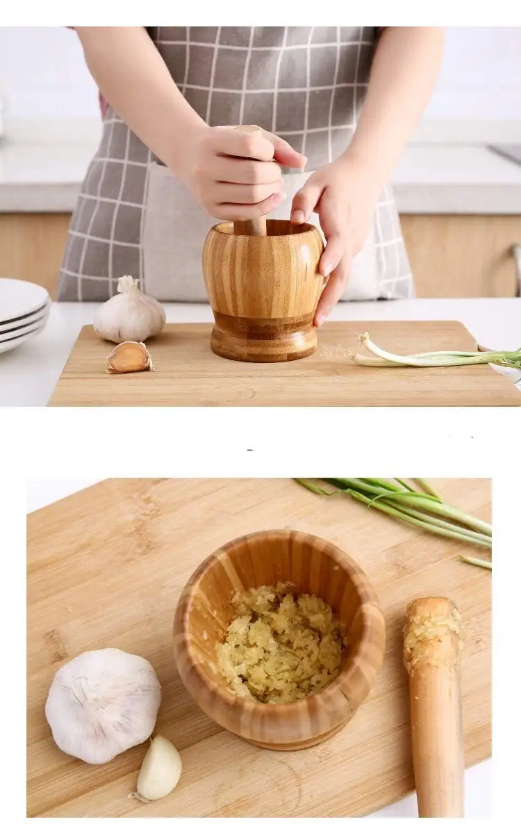 Bamboo Mortar & Pestle Hand Grinder/Chopper, for Garlic Press, Mincer, Wooden Coffee Grinder