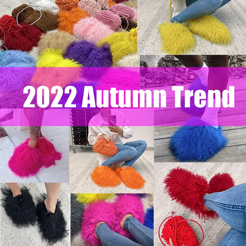 2022 winter new fashion animal sheepskin pink luxury real furry frenzy slippers fluffy flat mongolian fur slides for women