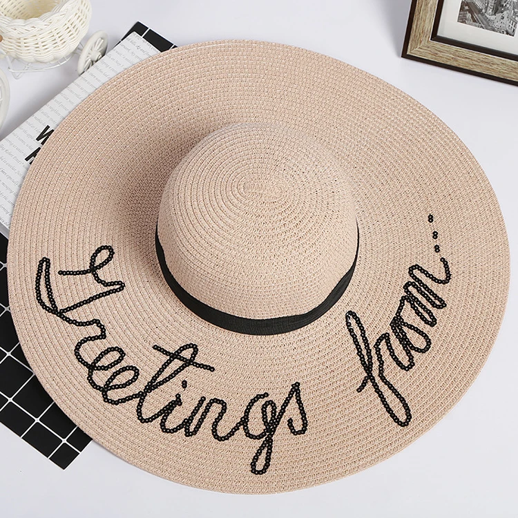 factory pink large brim paper straw beach straw hat with sequins female summer foldable sun hat with uv protection for women