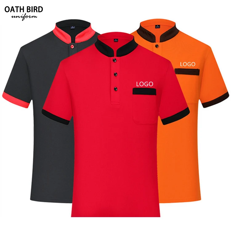 Waiter Work Wear Uniform Custom Logo Embroidery Polo Shirt Restaurant Hotel Kitchen Chef Cafe Bar Staff Flax t shirt Uniform