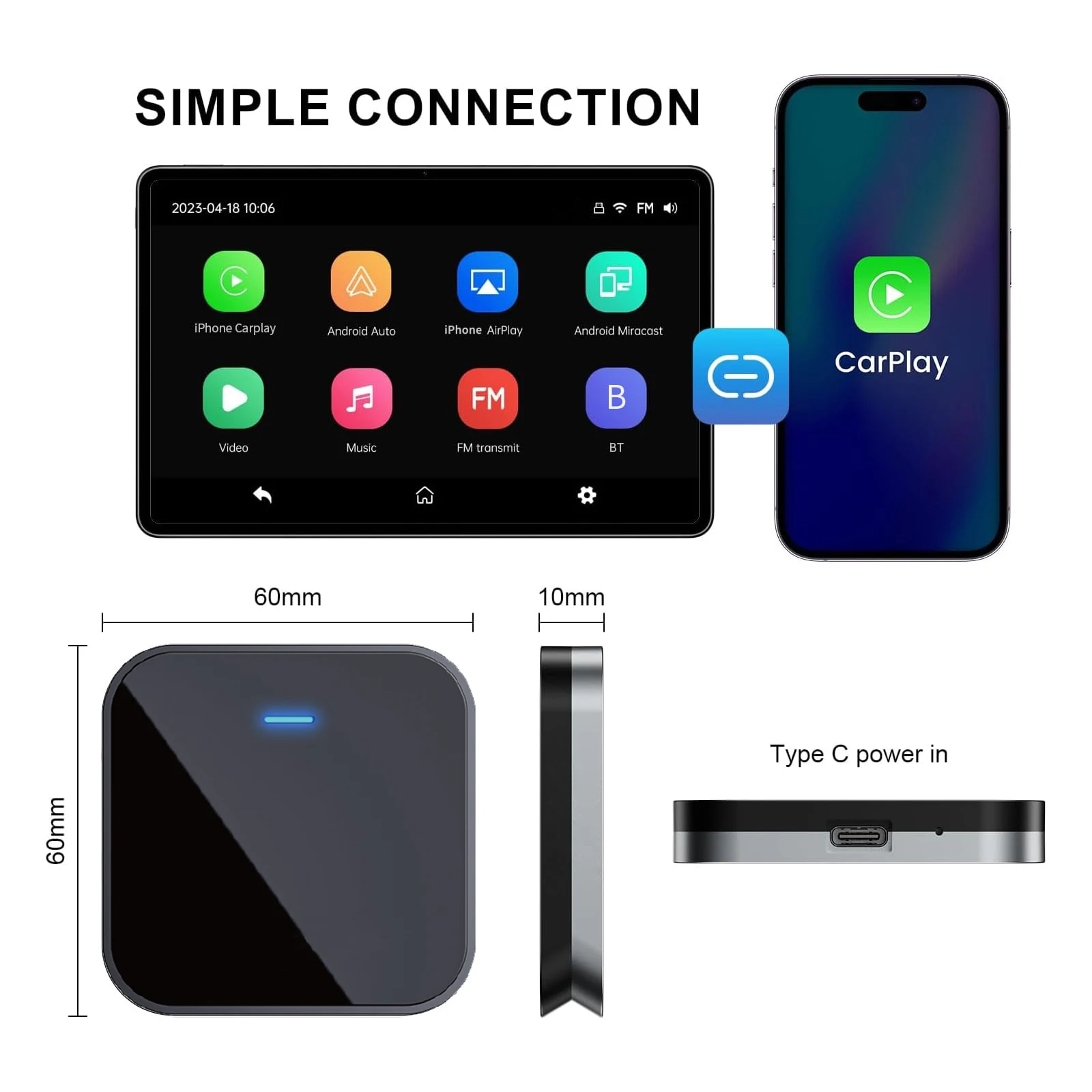 CarPlay Wireless Adapter for Factory Wired CarPlay 2024 Upgrade Plug & Play Dongle Converts Wired to Wireless for Cars from 2015