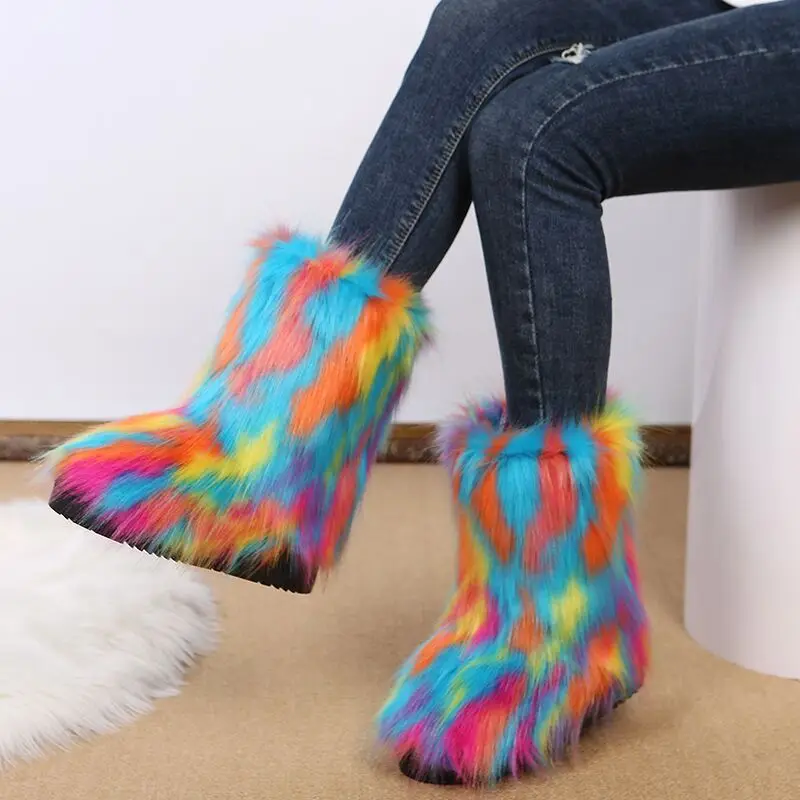 Hot selling fashion hairy ladies flat ankle boots shoes winter warm plush fur snow boots for women