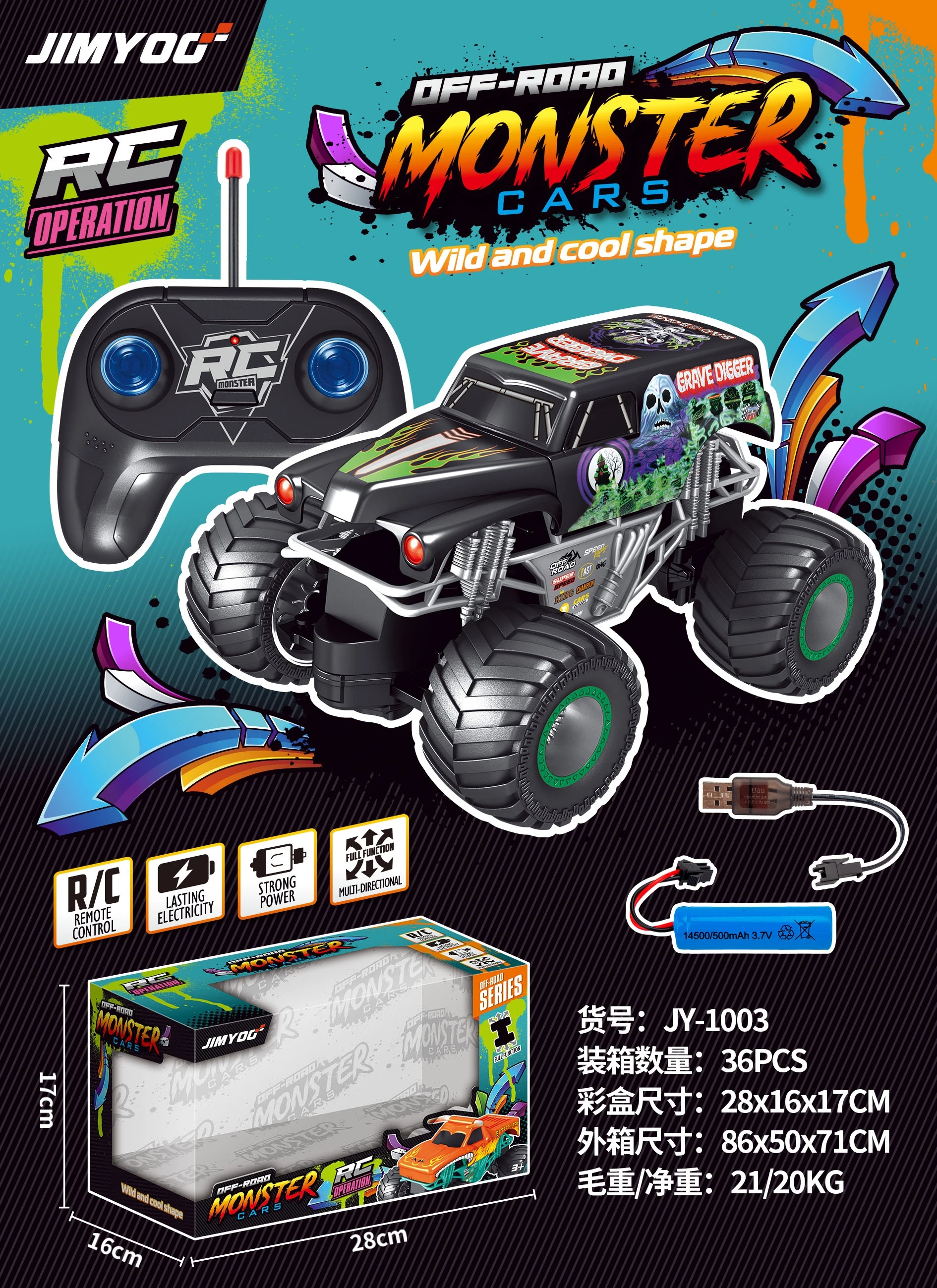 Shantou 1:20 Shark Design Remote Control Toy Car Kids USB Cable Included Off-Road Metal Monster Trucks Climbing Big Wheel