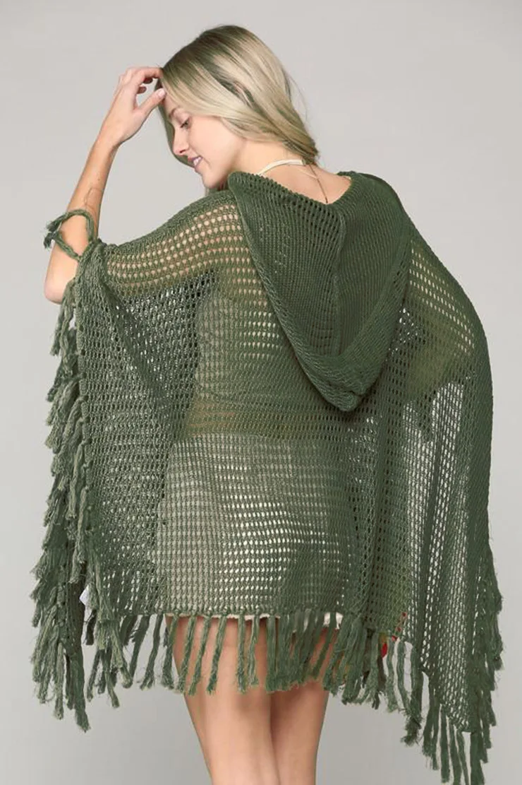 Women's Beach Cover Tassel Knitted Cover Ups Hooded Crochet Sweater Sexy Bikini Mesh Covers Bathing Suit Dress up Army Green