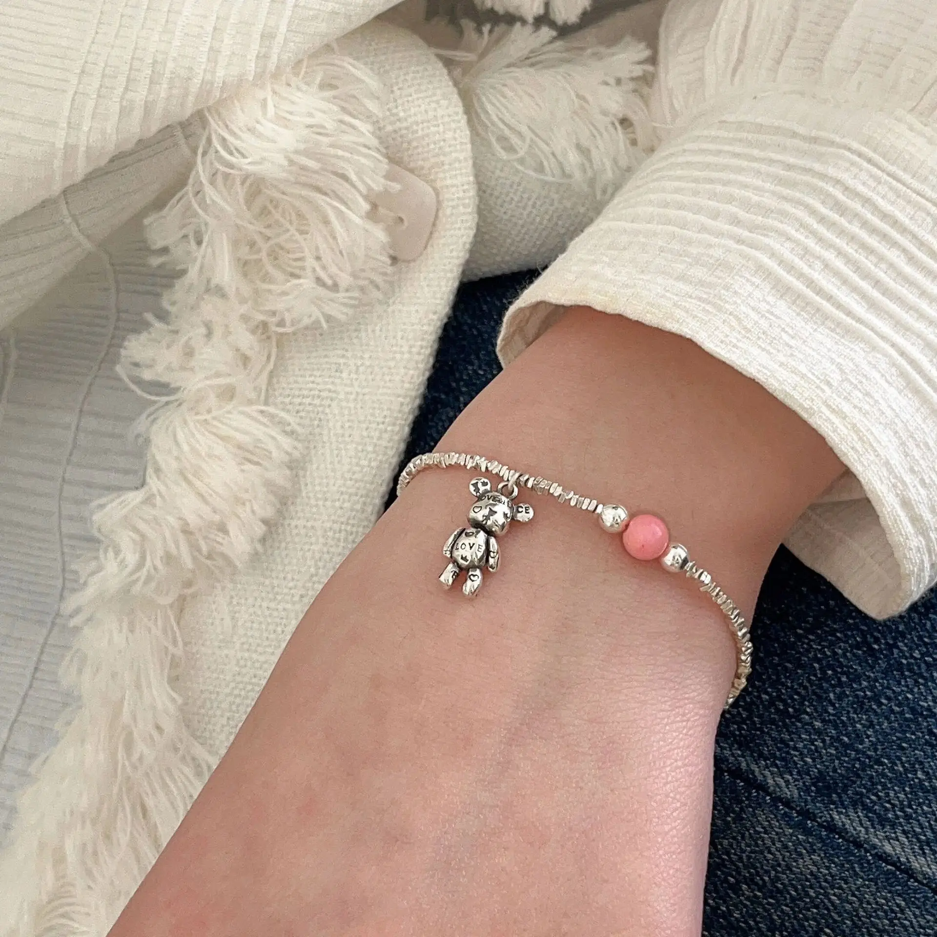 Temperament S925 Pure Silver Teddy Bear Charm Bracelet Female Style Pink Crystal Fashion Jewelry Wholesale